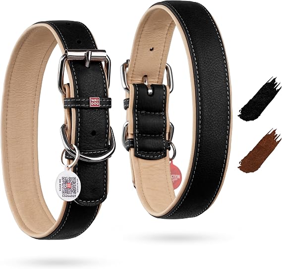 Soft Leather Dog Collar - Adjustable Padded Dog Collar for Small Medium and Large Dogs - Classic Puppy Collars for Large Breed Dogs - Boy & Girl Dog Collars with Durable Buckle and QR Dog Tag (Black)