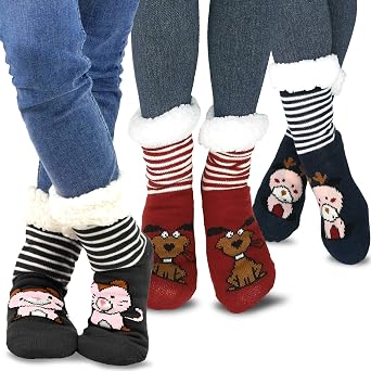 Winter Thick Thermal Double Layer Crew Socks for Adults 3 Pair Christmas Santa Snowman Deer Cat Dog Ski Socks