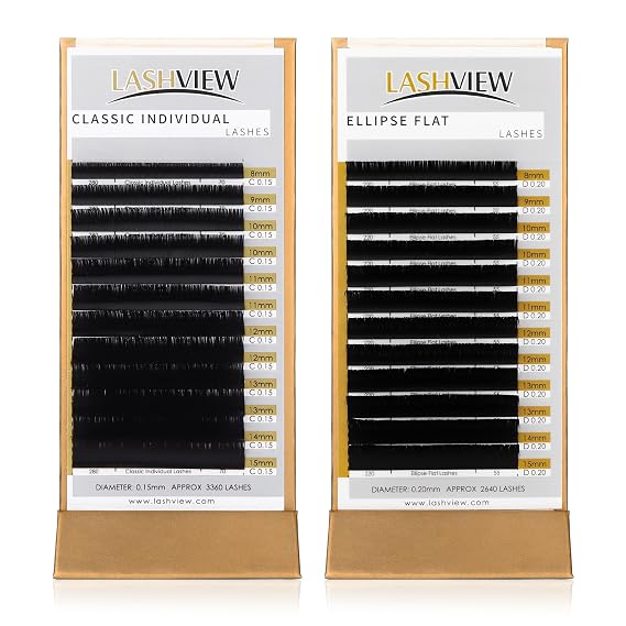 LASHVIEW Eyelash Extensions, Classic Eyelash Extension & Ellipse Flat Eyelash Extension, 0.15 Thickness C Curl 8-15mm Mixed Tray,Natural Semi Permanent Eyelashes,Soft Application-Friendly