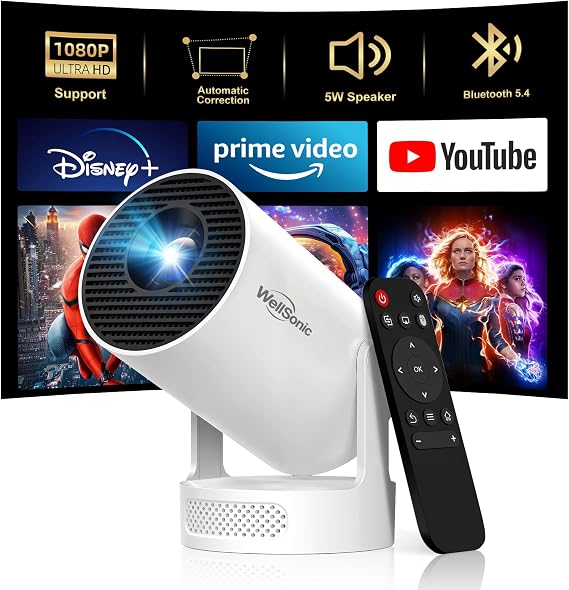 Mini Projector with Wi-Fi and Bluetooth, 1080P Portable Projector with 5W Speaker, Auto Vertical Keystone & 180 Rotatable, 200 ANSI Movie Projector for Outdoor Bedroom