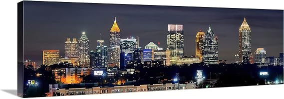 PHOTOSBYJON CANVAS Atlanta Skyline Night 16 inches x 46 inches Color City Downtown Photographic Panorama Print Photo Picture