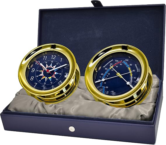 MASTER-MARINER Blue Mariner Collection, Nautical Windlass Gift Set, 5.85 Diameter Clock and Comfort Meter Instruments, Gold Finish, Blue Signal Flag dial