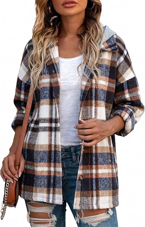 SHEWIN Womens Long Sleeve Button Down Plaid Shirts Flannel Hooded Shacket Jacket Hoodie Coats 2026