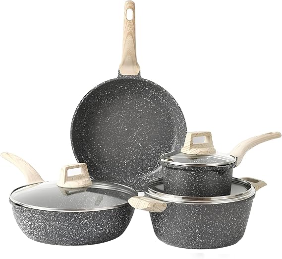Black, Kitchen Cookware Sets 7 Piece Nonstick Pots and Pans Set Granite Cooking Set for Induction & Dishwasher Safe, Oven, Stovetop, PFAS and PFOA Free