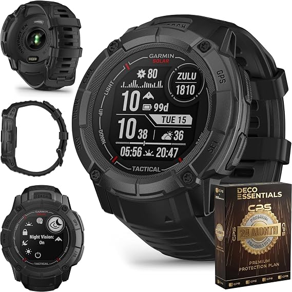 Garmin Instinct 2X Solar - Tactical Edition, Solar Charging, Rugged GPS Smartwatch, Built-in Flashlight, Ballistics Calculator, Black 010-02805-13 Bundle with 2 YR CPS Enhanced Protection Pack
