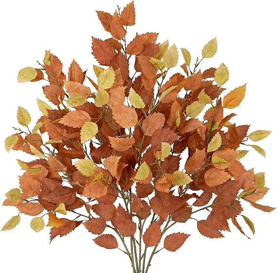 Artificial Fall Birch Leaves Stem - 6 Pcs Faux Autumn Greenery Long Stems 33.4" Tall Fake Plants with Branches Decorations for Thanksgiving Wedding Centerpieces Home Table Decor Floral Arrangements
