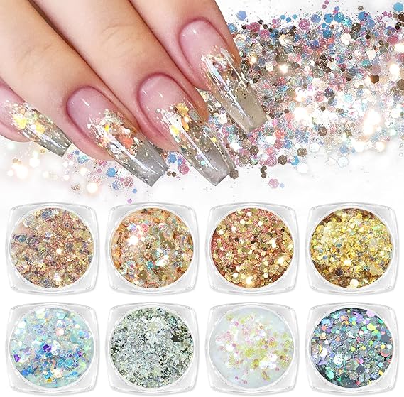 Laza 8 Colors Nail Art Glitter Diamond Dust Iridescent Nail Powder | Chunky Glitter Confetti Foil Flakes Sequins for Nail Art Supplies, Gel Polish, Mermaid Makeup, Resin - Dancing Sparkle