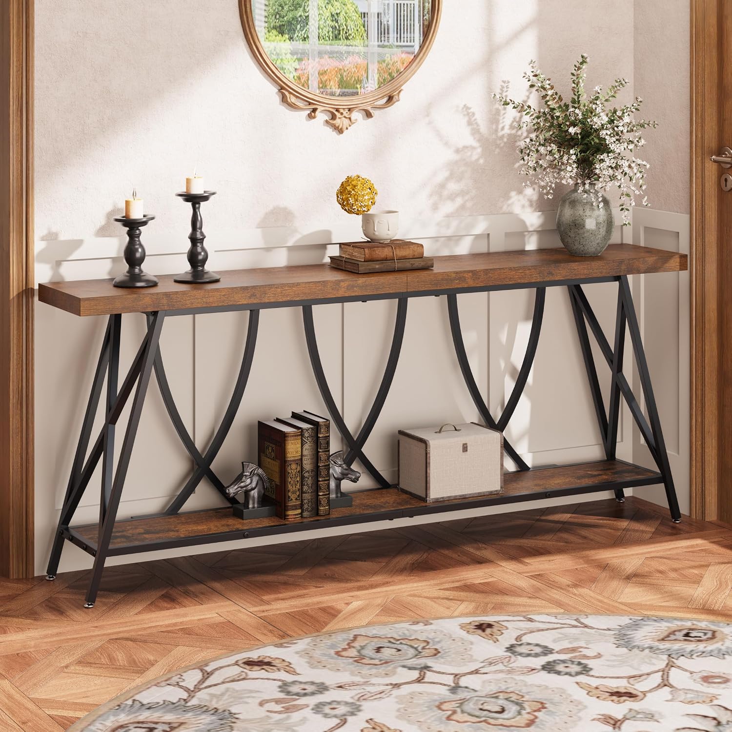 JUSTOGO 70.9" Narrow Console Table for Entryway, Industrial Long Sofa Table Behind Couch, Farmhouse Hallway Table with Storage for Living Room, Entrance, Foyer, Rustic Brown