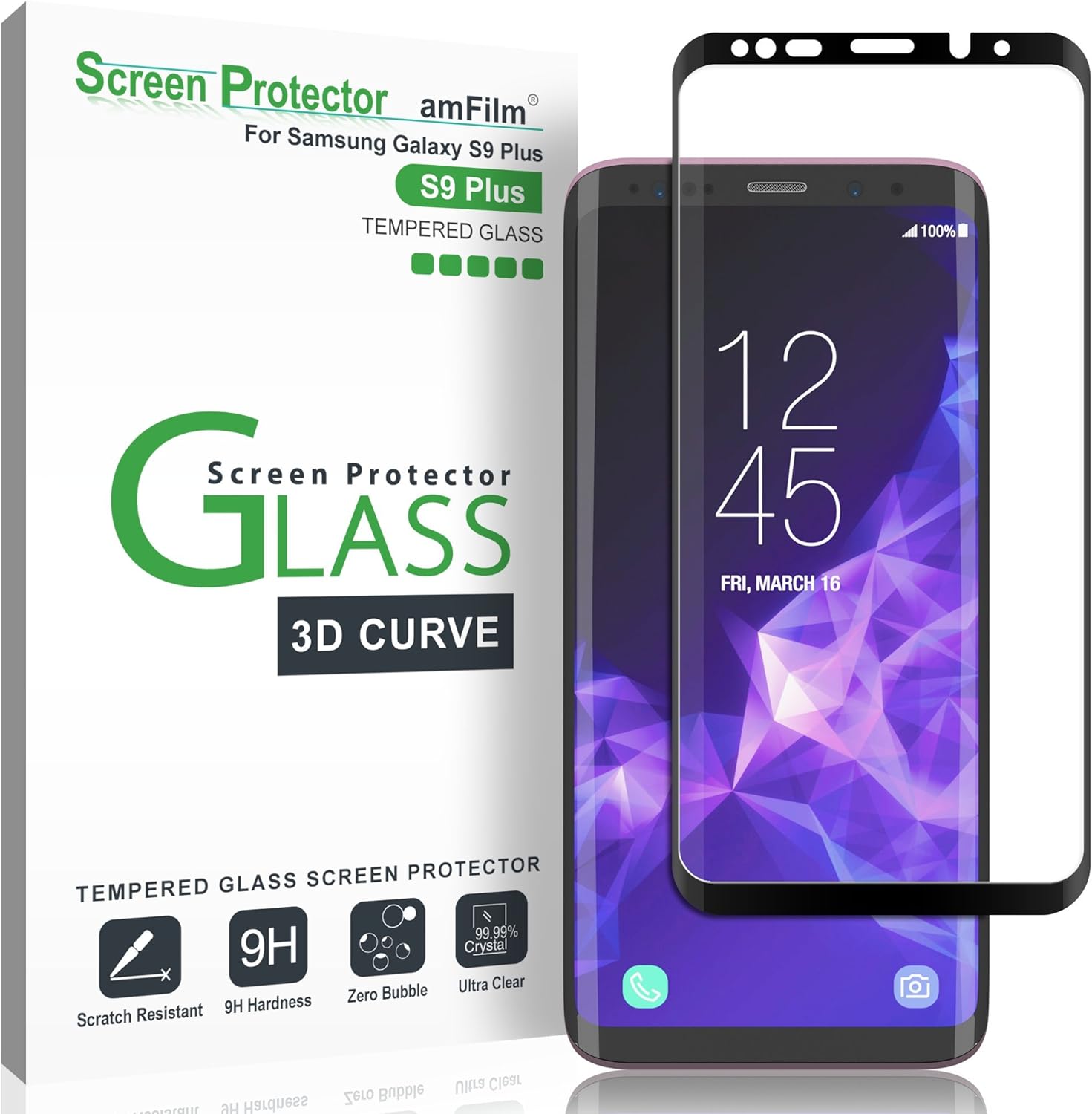 amFilm Galaxy S9 Plus Screen Protector Glass, Full Cover 3D Curved Tempered Glass Screen Protector with Dot Matrix for Samsung Galaxy S9 Black