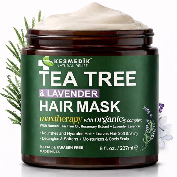 KESMEDIK Tea Tree Hair Mask with Rosemary & Lavender, Deep Conditioning Treatment for Dry, Damaged, Coarse Hair, Hydrating Hair Mask with Itchy Scalp Relief, Men & Women, Sulfate-Free