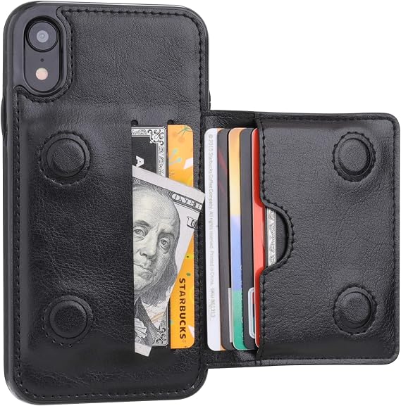 KIHUWEY Compatible with iPhone XR Wallet Case Credit Card Holder, Premium Leather Kickstand Durable Shockproof Protective Cover for iPhone XR 6.1 Inch(Black)
