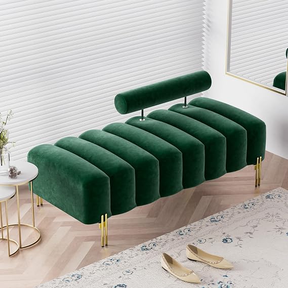 Modern Bench for Bedroom, 52.2" Channel Tufted End of Bed Bench, Long Ottoman Bench Small Window Entryway Footrest with Adjustable Back Golden Legs for Hallway, Emerald Green, Velvet