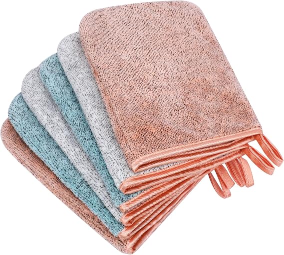 PHOGARY 6 Pack Microfiber Body Wash Mitts, 68 Inch Super Absorbent & Soft Face Mitten, Coral Fleece Bath Spa Cloth, Reusable Makeup Remover Mitt Gloves, 3 Colors