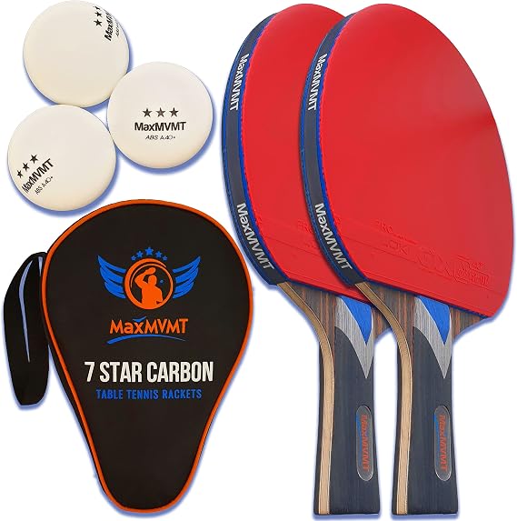 Table Tennis Paddle Set of 2 Carbon Fiber 7 Layer Racket with 2 Wristbands and 3 Balls, Premium ITTF Approved Rubber for 2 Ping Pong Set with Protective Carrying Case