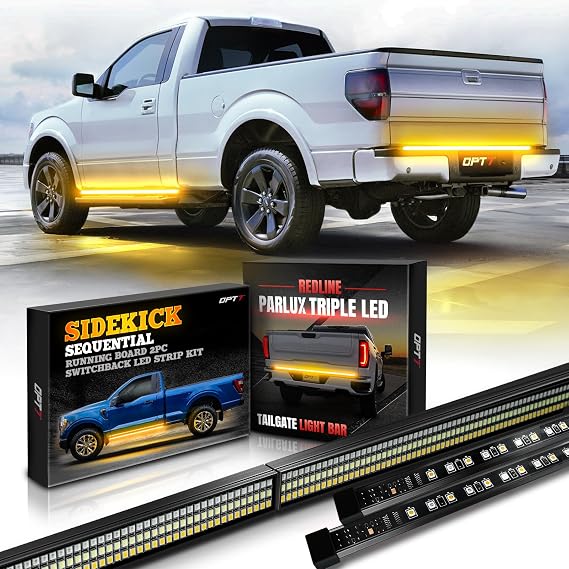 OPT7 Sidekick 78" Running Board Lights 2PCS LED Strips & 60" Triple Parlux LED Tailgate Light Bar with Sequential Amber Turn Signal