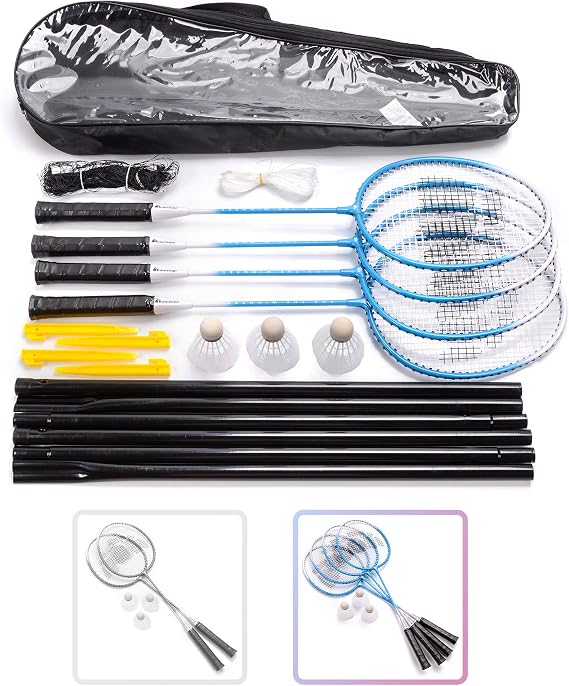 Badminton-Set für 2 oder 4 Personen - Raketen und Badminton-Shuttles und Netz - Sehr schön für Familien für Kinder und Erwachsene zum Garten für einen Strandurlaub