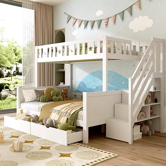 Solid Wood Bunk Bed with 2 Drawers&Storage Staircase, 3ft Single 4ft Double Children's High Sleeper Cabin Bed Frame with Safety Guardrail&Slat, Triple Loft Bed Storage Beds for Kids Teens Adults,White