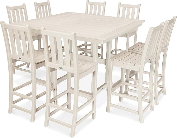 POLYWOOD Traditional Garden 9-Piece Nautical Trestle Bar Set in Sand