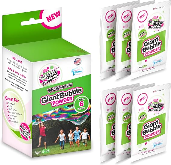 WOWmazing Big Bubble Refill Powder Mix (6 Packets) - Turns Dish Detergent into Giant Bubbles. Makes 6 GALLONS! - Made in USA