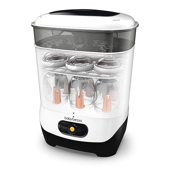 Baby Brezza 4 in 1 Baby Bottle Sterilizer Machine Largest Capacity Electric Steam Sterilization Pacifiers, Breast Pump Parts + Universal Sterilizing for All Bottles: Plastic, Glass, Large, Small
