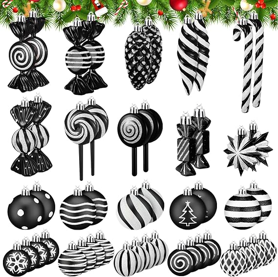 Knitgrip 50 Pcs Christmas Candy Cane Lollipop Ornaments Christmas Peppermint Candy Tree Balls Decorations with Rope Plastic Xmas Hanging Ornaments for Party Decor(Black, White)