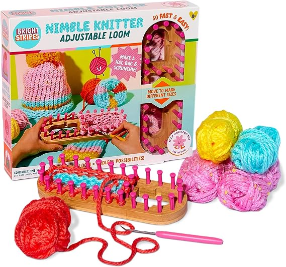 Bright Stripes Nimble Knitter Kit, 4-in-1 Adjustable Bamboo Loom Craft Set |  with chunky yarn and a guide booklet, makes scrunchies, hats, bags and more, a great project suited to all ages today