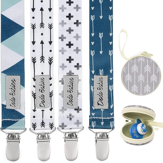 Dodo Babies Pacifier Clip Set - Universal Holder & Pacifier Holder - Detachable Binky Case & Binky Clip - Durable Polyester Straps - 5-Piece Set, Blue/White/Grey Geo Prints