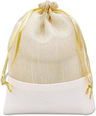 TheDisplayGuys For Your Modern Living 24-Pack Linen & Gold Organza Gift Bags with Drawstrings Large 5 12 x 8 - Party Favors, Samples, Treats Mesh Pouches