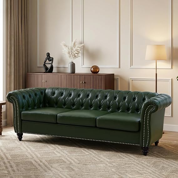 84" Chesterfield Sofa Vintage Green 3-Seater PU Leather Couch, Mid-Century Modern Faux Leather Sofa Button Tufted Back with Rolled Arms, for Large Living Room, Apartment, Green
