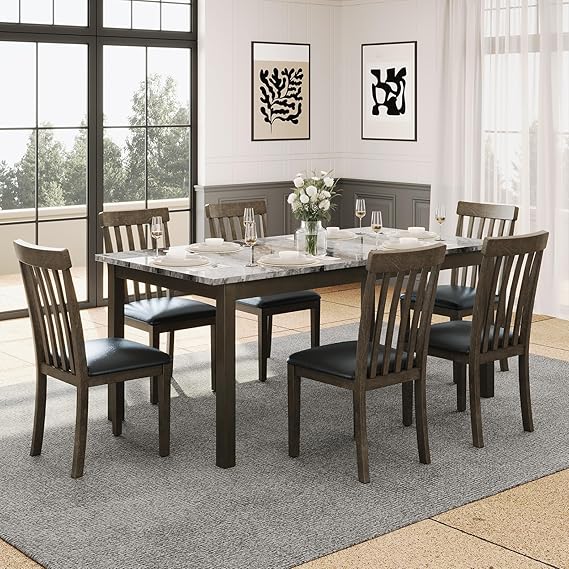 AMERLIFE 7-Piece Dining Table Set, 71" Faux Marble Modern Table with 6 PU Leather Upholstered Chairs, Heavy-Duty Solid Wood Set for Kitchen & Dining Room, Dark Brown