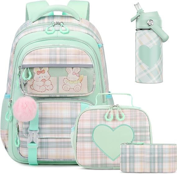 Bevalsa Kids Backpack for Girls with Insulated Water Bottle, Plaid Pink Bookbag Backpack for Girls Kid, 14oz Termos Kids Water Bottle Stainless Steel, Lunch Bag & Pencial Case, Back To School Gift