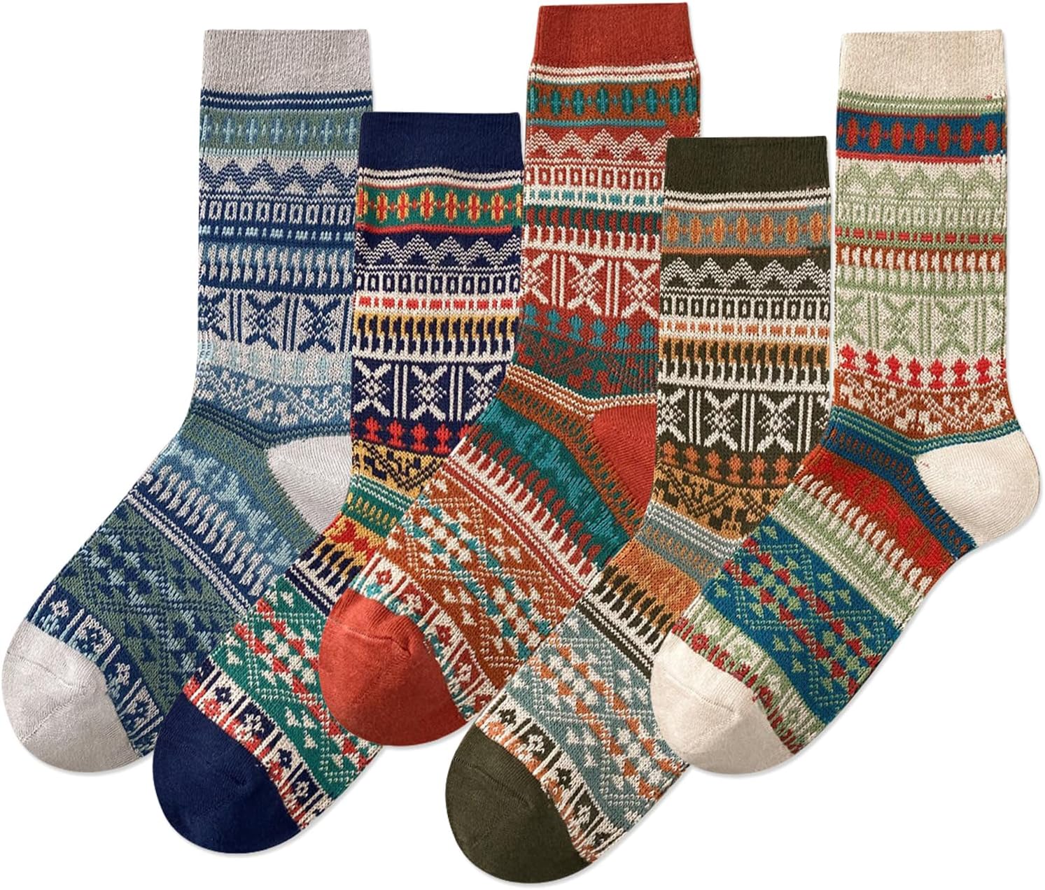 IIG 3-5 Pairs Womens Vintage Cozy Crew Socks Soft Cute Neutral Cotton Socks Exquisite Patterns Socks Gift