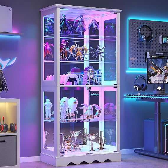 FREDEES RGB Glass Display Cabinet, 5-Tier Curio Cabinet, White | RGB Light, Removable Shelves, Human Sensor Design, For Collectibles/Toys/Books, with Lock