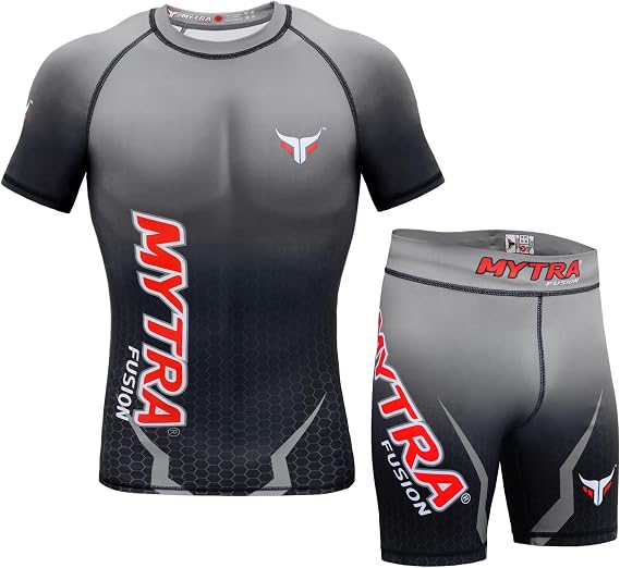 Mytra Fusion Fitness Chothing Set Rash Guard Tudo Shorts Compression Suit