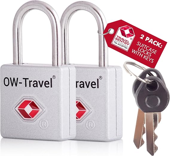 OW-Travel Suitcase Locks with Keys, TSA Approved Luggage Padlocks, Silver 2 | Suitcase Padlocks with keys for hand luggage, cabin bags, travel bags, backpacks, lockers, zipper cases, mini keyed TSA Locks