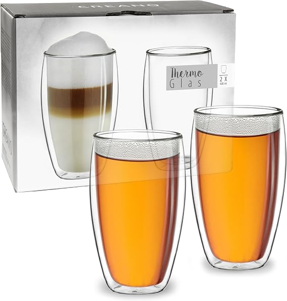 Creano Double Walled Super-Tall Glasses 400ml – Luxurious Slim Insulated Borosilicate Glass Thermal Mugs for Latte & Coffee – Exclusive Anniversary Present for Couples – Set of 2