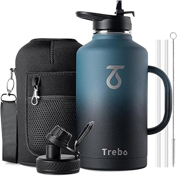 Trebo Insulated Water Bottle 2L, Metal Bottle with Handle Stainless Steel Metal Large Jug Travel Flask with Straw Spout Lid Mug Tumbler Cup with Carry Pouch Keep Cold Hot, Indigo Black | Metal Bottle