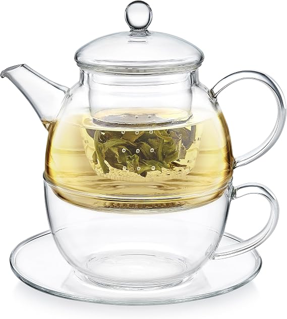Teabloom Mindful Tea-for-One Set 5-Piece Glass Teapot, Matching Cup & Saucer, Borosilicate & Stainless Steel Infusers, Elegant Gift for Personal Tea Rituals