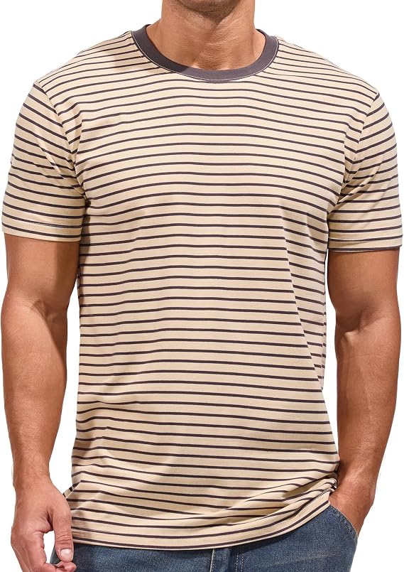 VEIISAR Men's Crewneck Striped T-Shirt Soft Elastic Cotton Tees