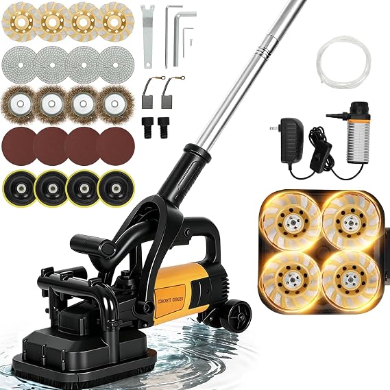 4-Head Concrete Floor Grinder with Extendable Rod, 3800W & 6000 RPM | 4" Concrete Sander with 6-Speed Control & Dust Collection Cover for Cement Marble Floors Granite & Surfaces