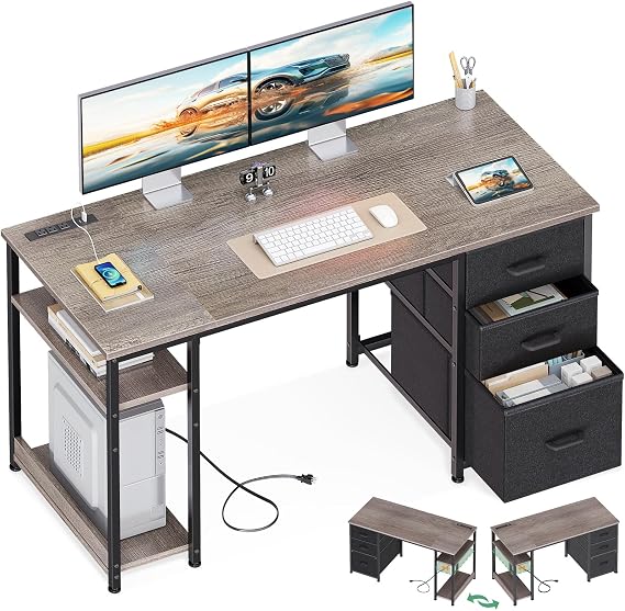 AODK 51 Inch Computer Desk with Drawers & USB Power Outlets