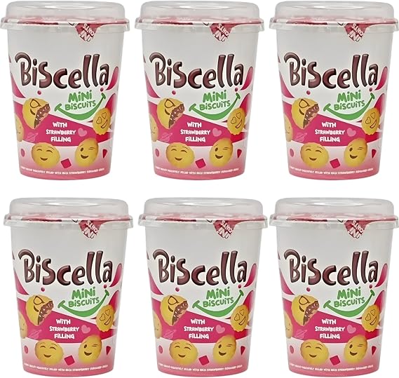 Biscella Mini Biscuits with Strawberry Filling 6 Pack (125g x 6) | Halal Certified, Crispy Biscuits with Sweet Strawberry Cream