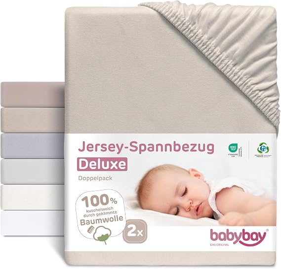 babybay Jersey Fitted Sheet Deluxe Double Pack Fits Maxi, Midi, Boxspring, Comfort and Comfort Plus Models, Beige, 89 x 50 cm (Twin Pack)