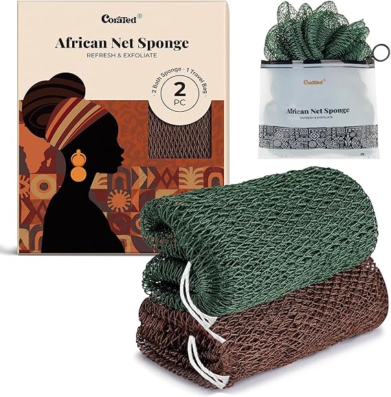 CORATED 2Pcs African Net Sponge,Exfoliating Mesh Net Pouf,Brown & DarkGreen