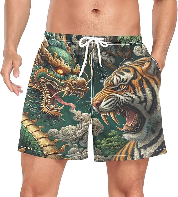 Dragon Tiger Fight Men's Swim Trunks with Compression Lining Quick Dry Board Shorts