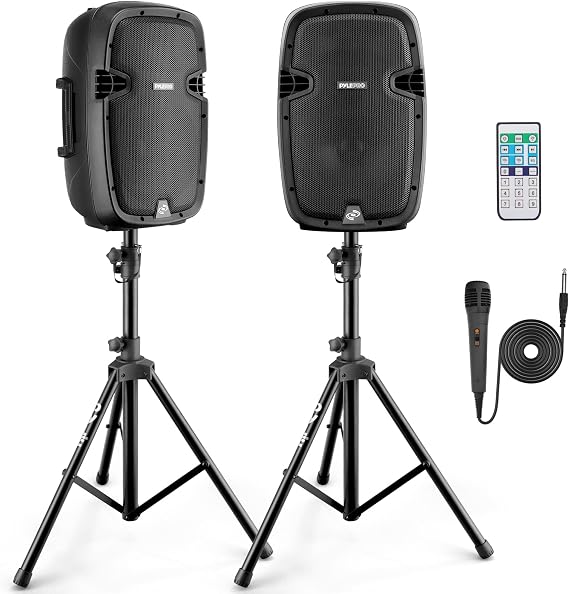 Pyle 8" Wireless Portable PA system - 700W High Powered Bluetooth Compatible Active + Passive Pair Outdoor Sound Speakers w/ USB SD MP3 AUX - 35mm Mount, 2 Stands, Microphone, Remote - PPHP1049KT