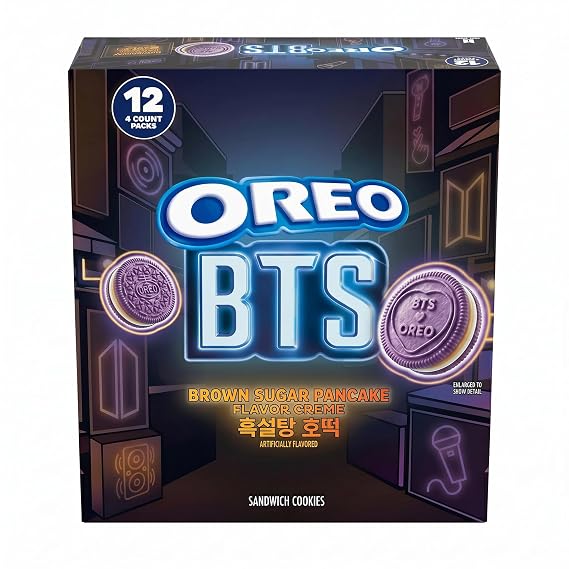 OREO BTS Brown Sugar Pancake Flavor Creme Cookies, Limited Edition, Purple Sandwich Cookies, 13 Collectible Cookie Designs, 12 Pack of 4-Count Snack Packs (48 Cookies Total)