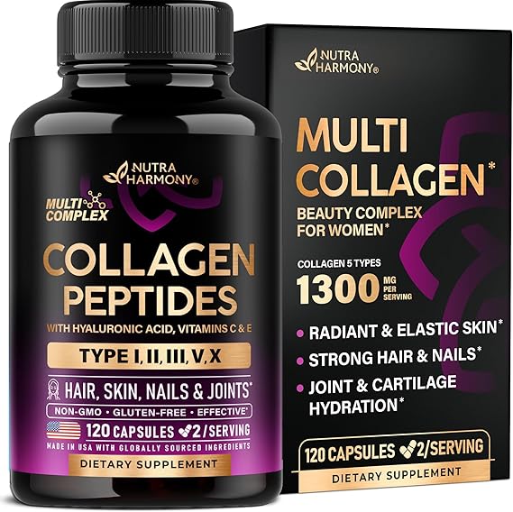 Multi Collagen Peptides 1300mg - Hydrolyzed Types I II III V & X - 120 Caps