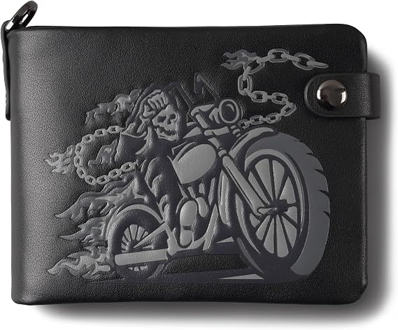 Motorcycle Mens Bifold Wallets Ghost Biker Black Wallet For Men,Add Your Chain,Soft Genuine Leather (black)