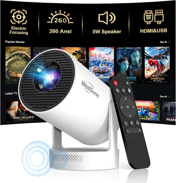 Mini Projector with WiFi 6 and Bluetooth 5.4, Android 14 Smart Projector with Electric Focus, 180 Rotatable Stand, HD Portable Movie Projector for Bedroom, Home and Outdoor Use